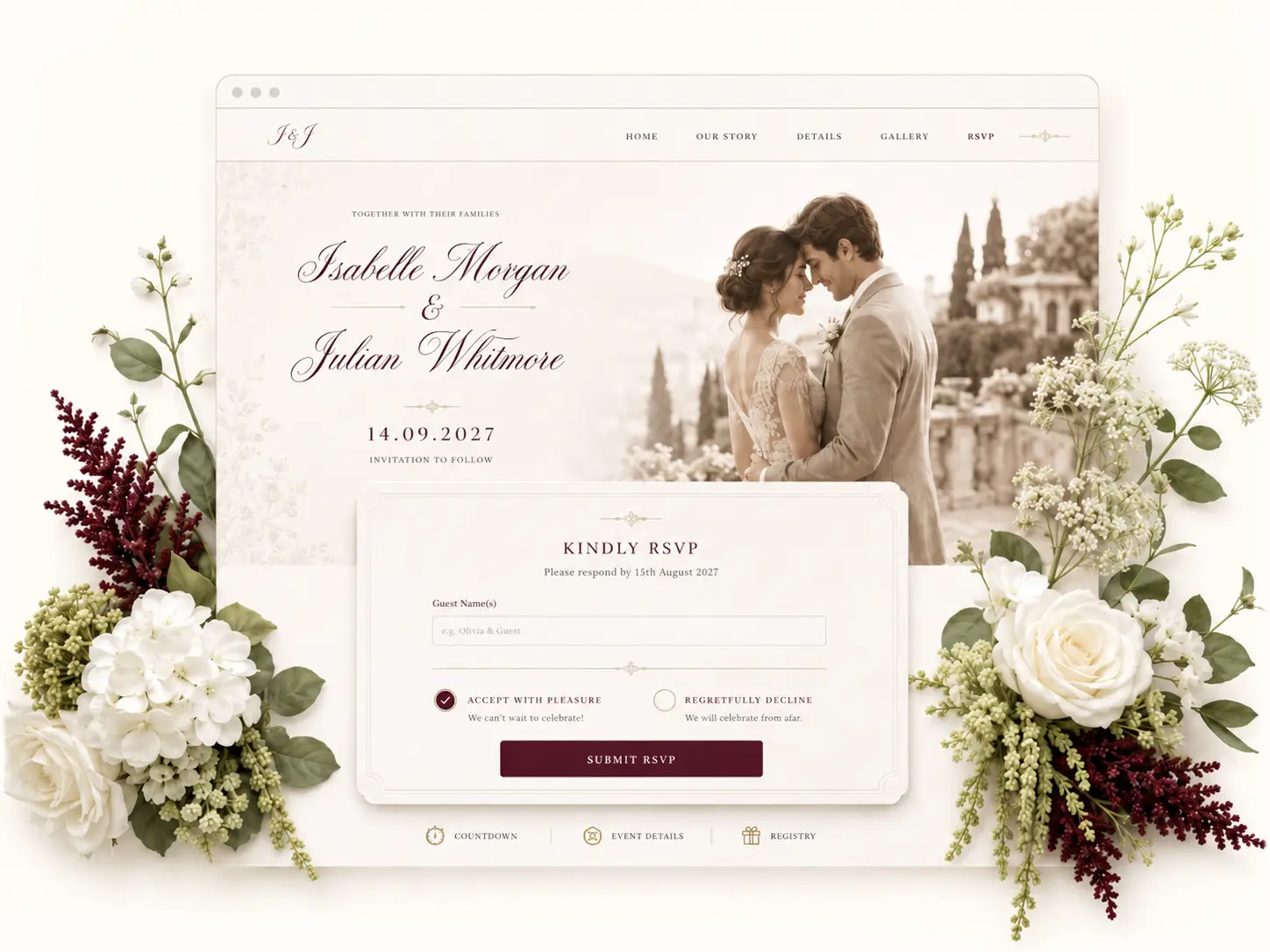 Wedding website with RSVP on a phone